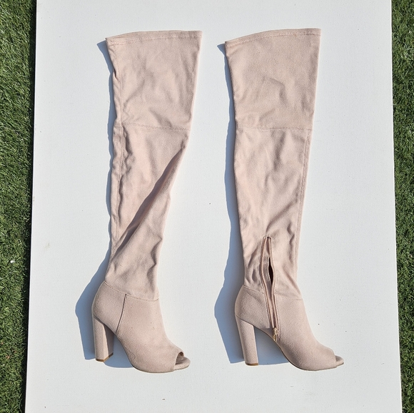 Over the Knee High Light Pink Open Toe Heel Shoes - Picture 2 of 7